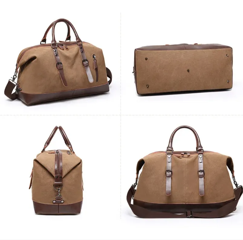 Canvas Leather Luggage Travel Bag 8655 Brown