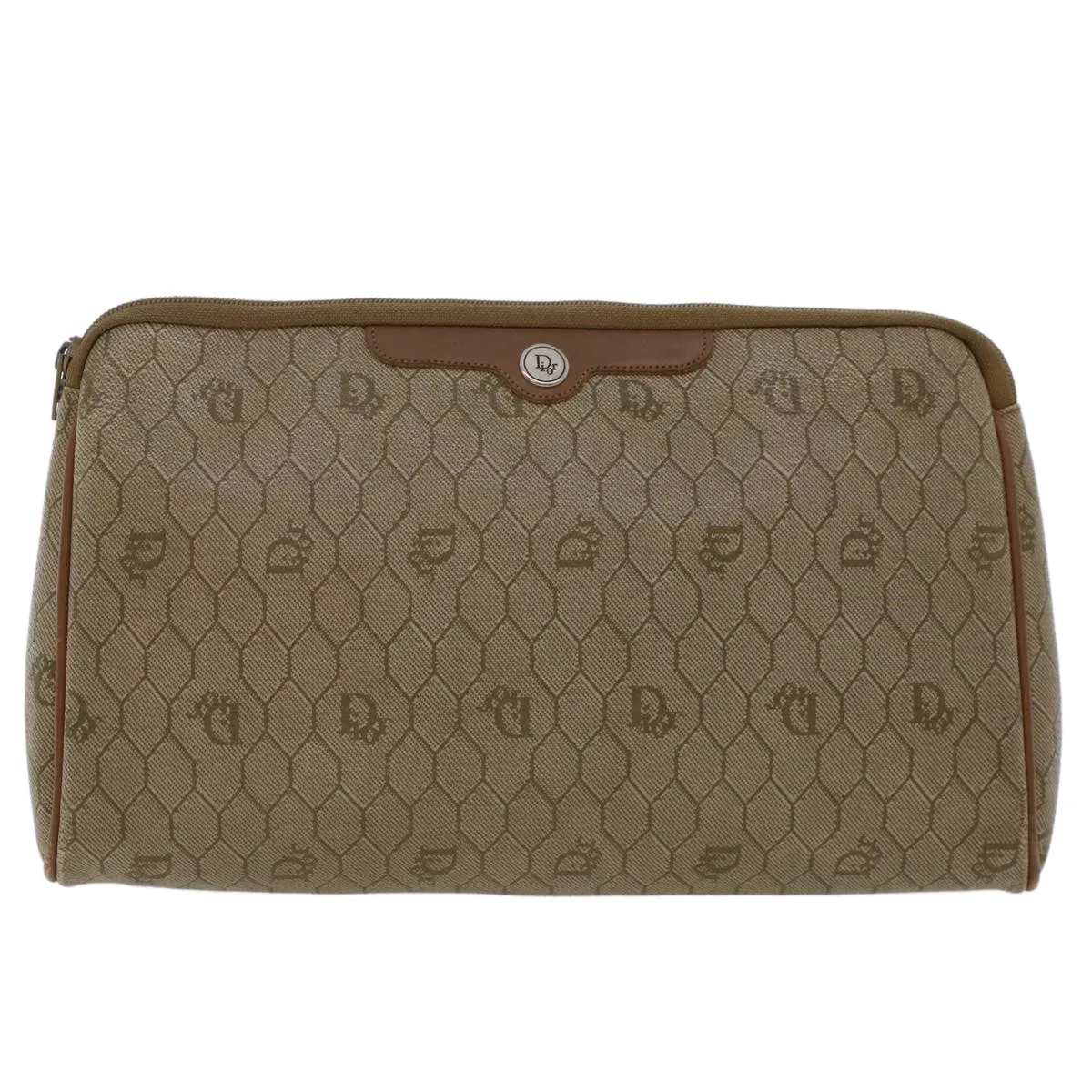 CHRISTIAN DIOR Honeycomb Canvas Clutch Bag PVC Leather Beige Auth ar9839