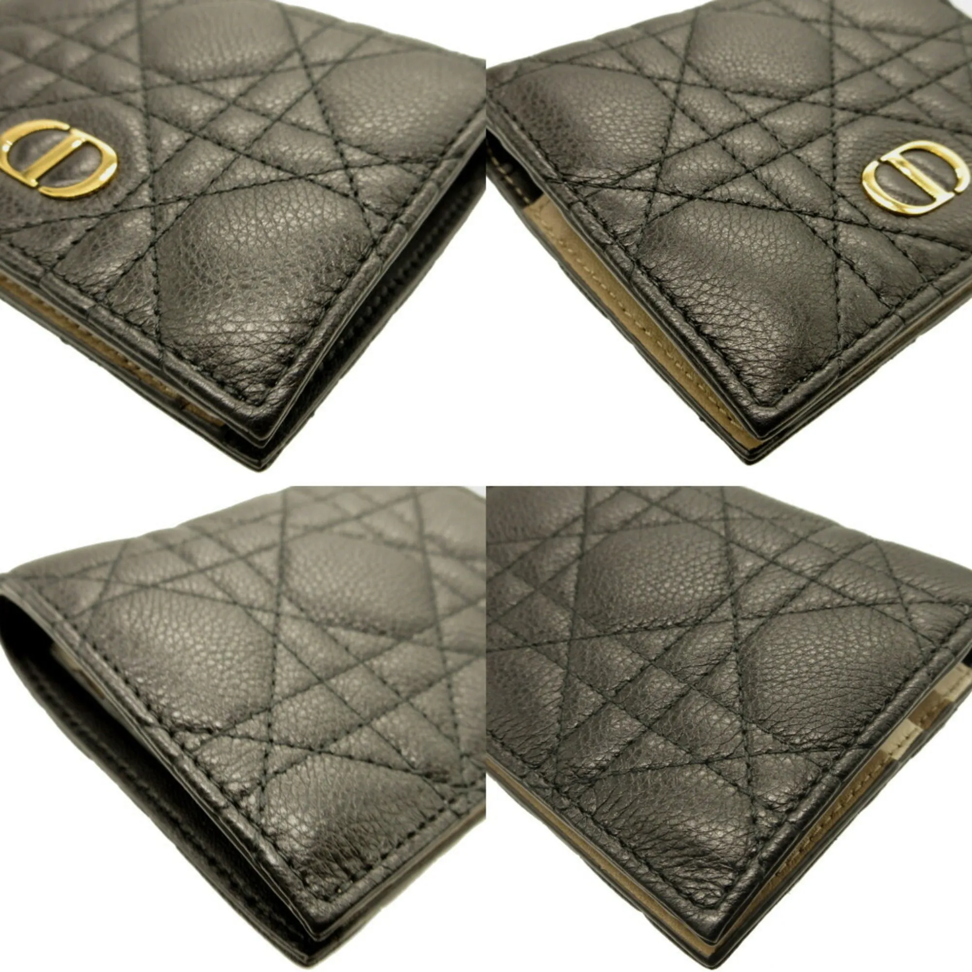 CHRISTIAN DIOR Lady Caro Leather Black Gray Bifold Wallet