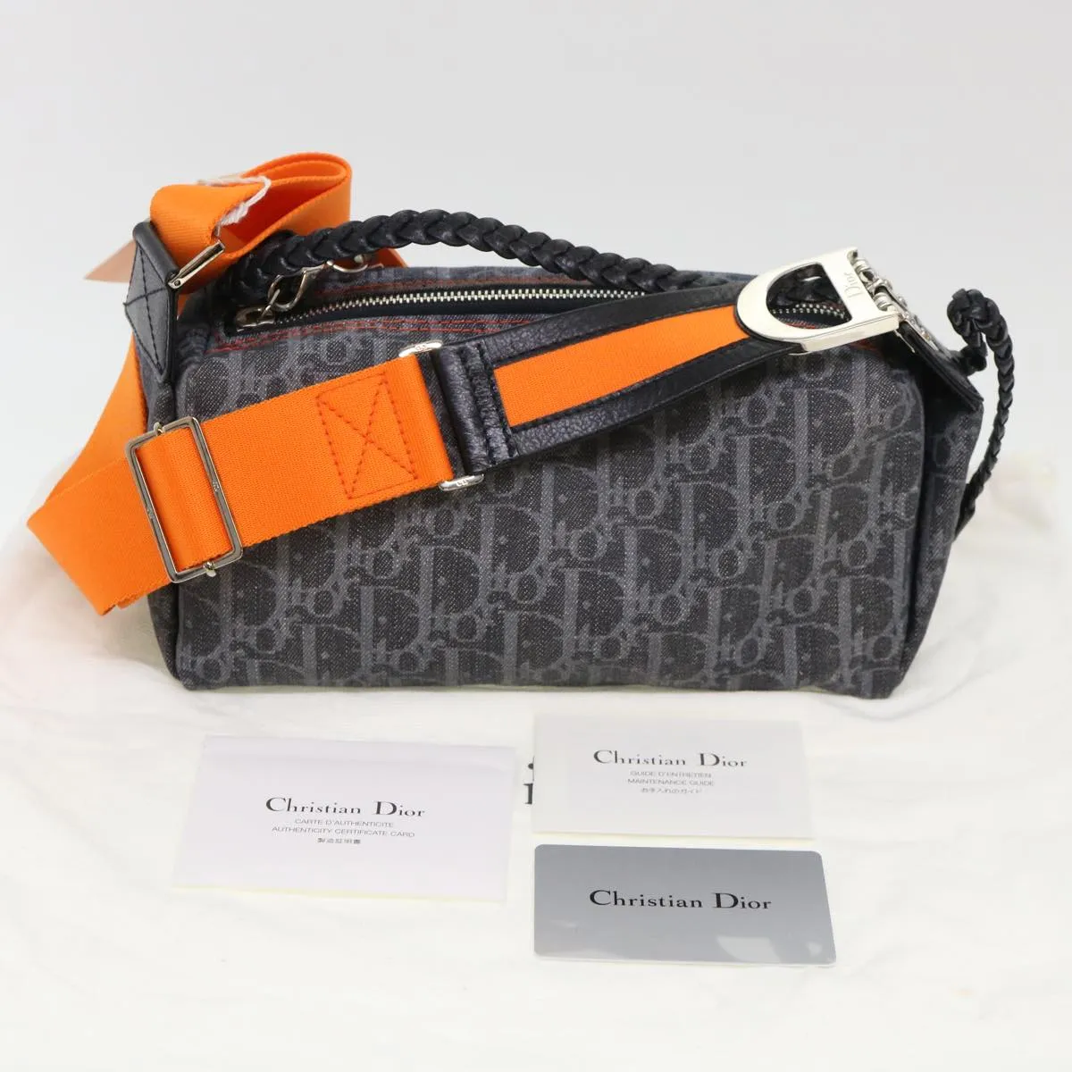 CHRISTIAN DIOR Trotter Canvas Flight Shoulder Bag Navy Orange  39354A