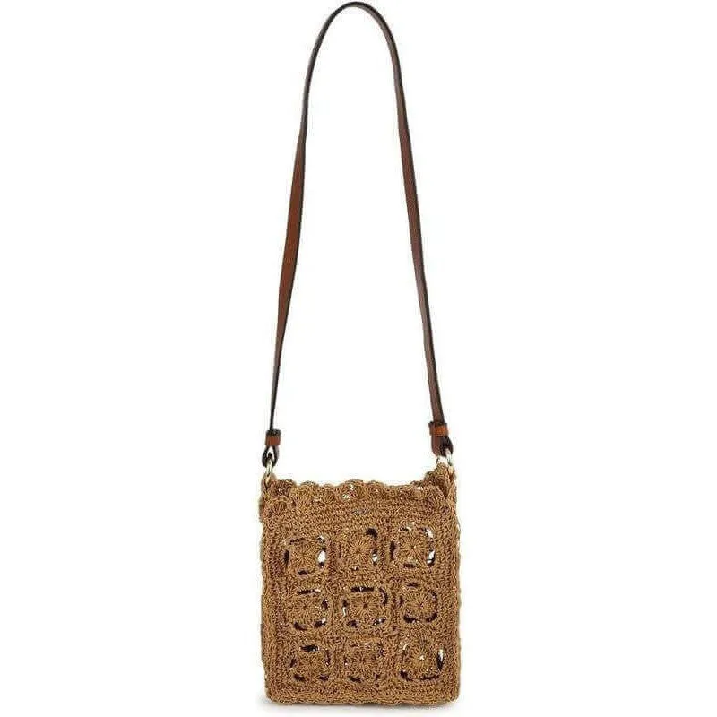 Girls Brown Crochet Leather Strap Bag