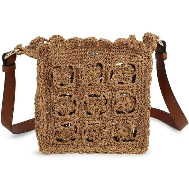 Girls Brown Crochet Leather Strap Bag