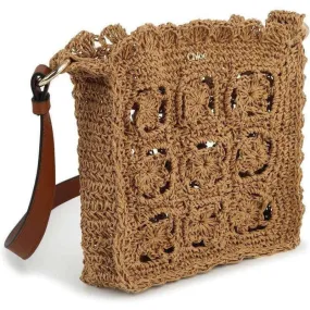 Girls Brown Crochet Leather Strap Bag