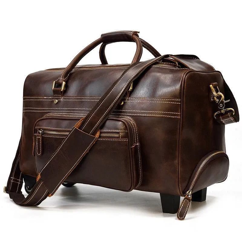 Mens Large Genuine Leather Luggage Trolley Bag On Wheels...