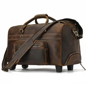 Mens Large Genuine Leather Luggage Trolley Bag On Wheels...