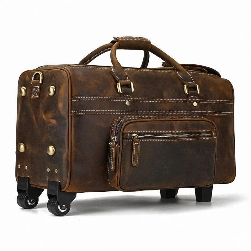 Mens Large Genuine Leather Luggage Trolley Bag On Wheels...