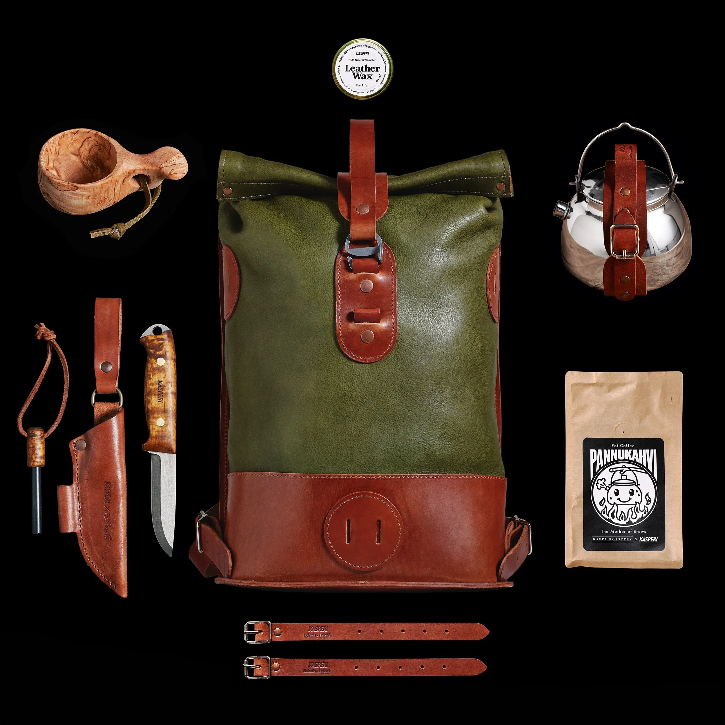 Small Fold Top – Leather Backpack in Olive & Brown