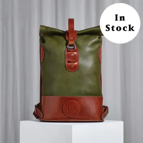 Small Fold Top – Leather Backpack in Olive & Brown