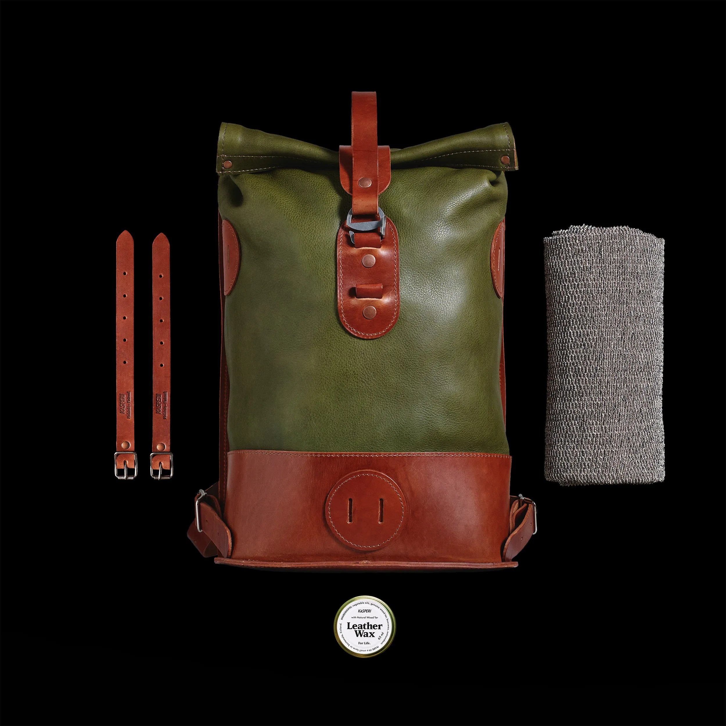 Small Fold Top – Leather Backpack in Olive & Brown