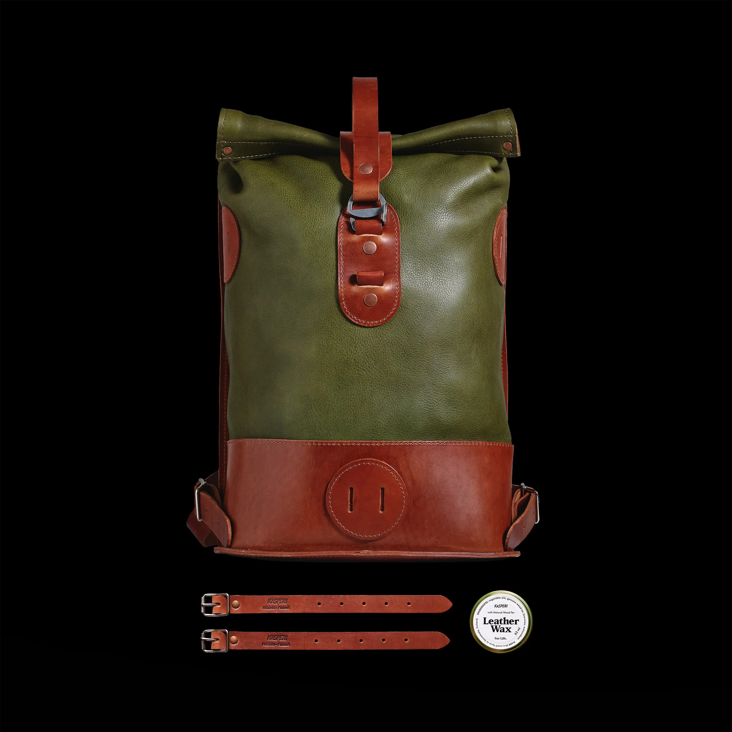 Small Fold Top – Leather Backpack in Olive & Brown