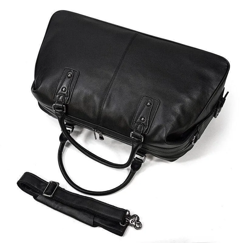 Soft Cowskin Leather Duffel Bag Black Footed Travel Luggage