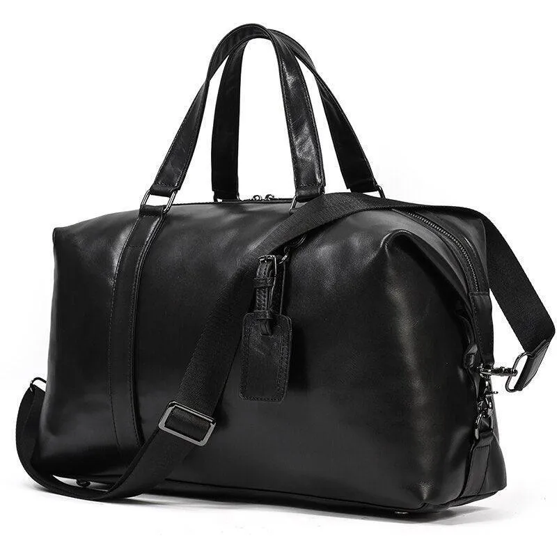 Soft Cowskin Leather Duffel Bag Black Footed Travel Luggage