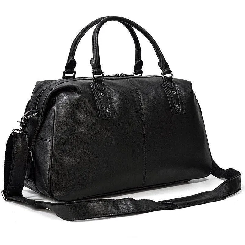 Soft Cowskin Leather Duffel Bag Black Footed Travel Luggage