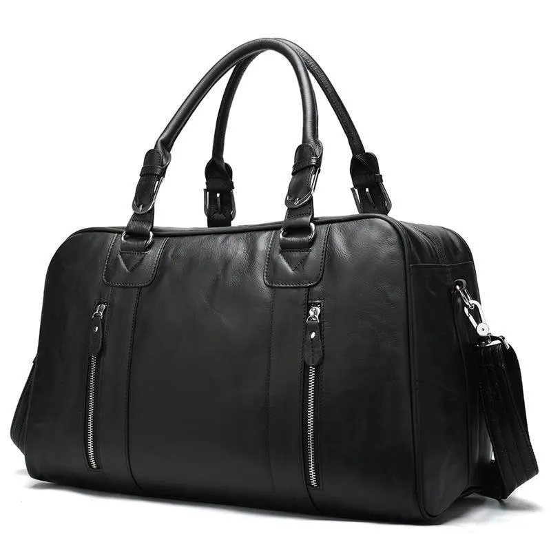 Soft Cowskin Leather Duffel Bag Black Footed Travel Luggage