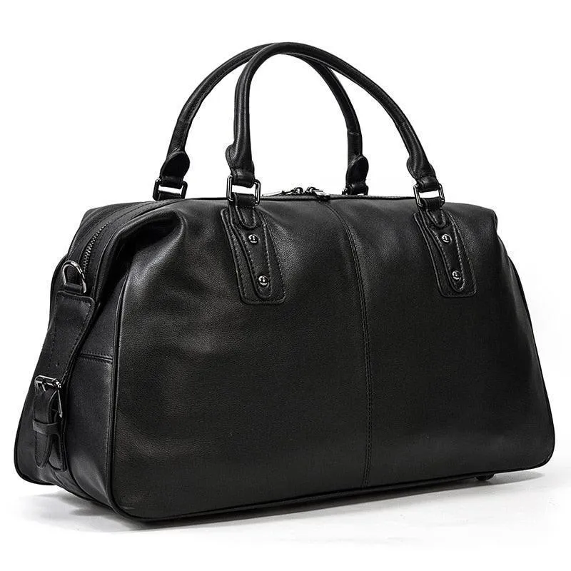 Soft Cowskin Leather Duffel Bag Black Footed Travel Luggage