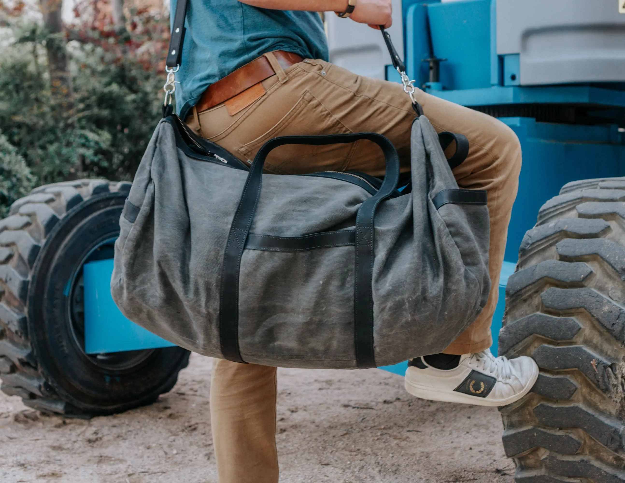 Waxed Canvas Duffel Bag with Leather Shoulder Strap