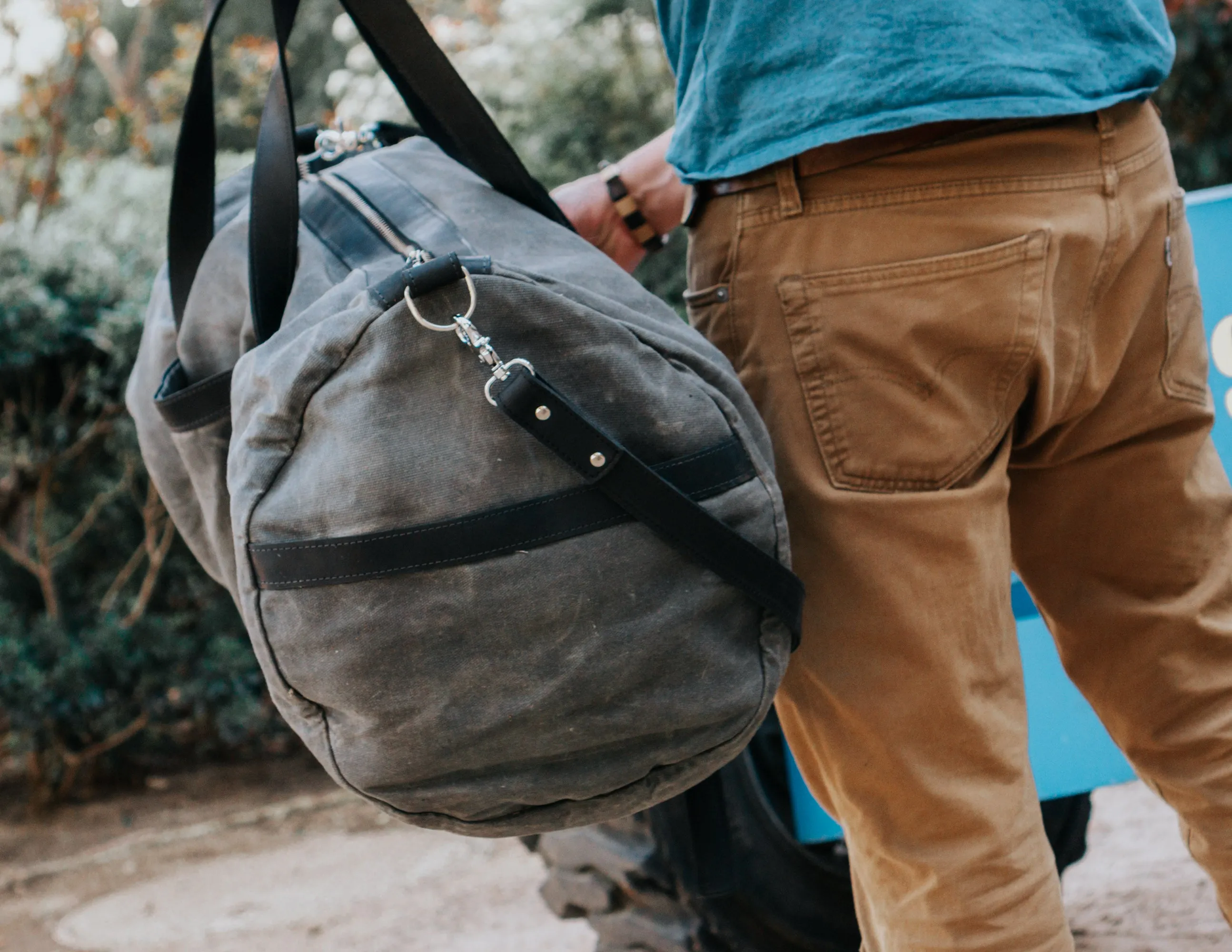 Waxed Canvas Duffel Bag with Leather Shoulder Strap