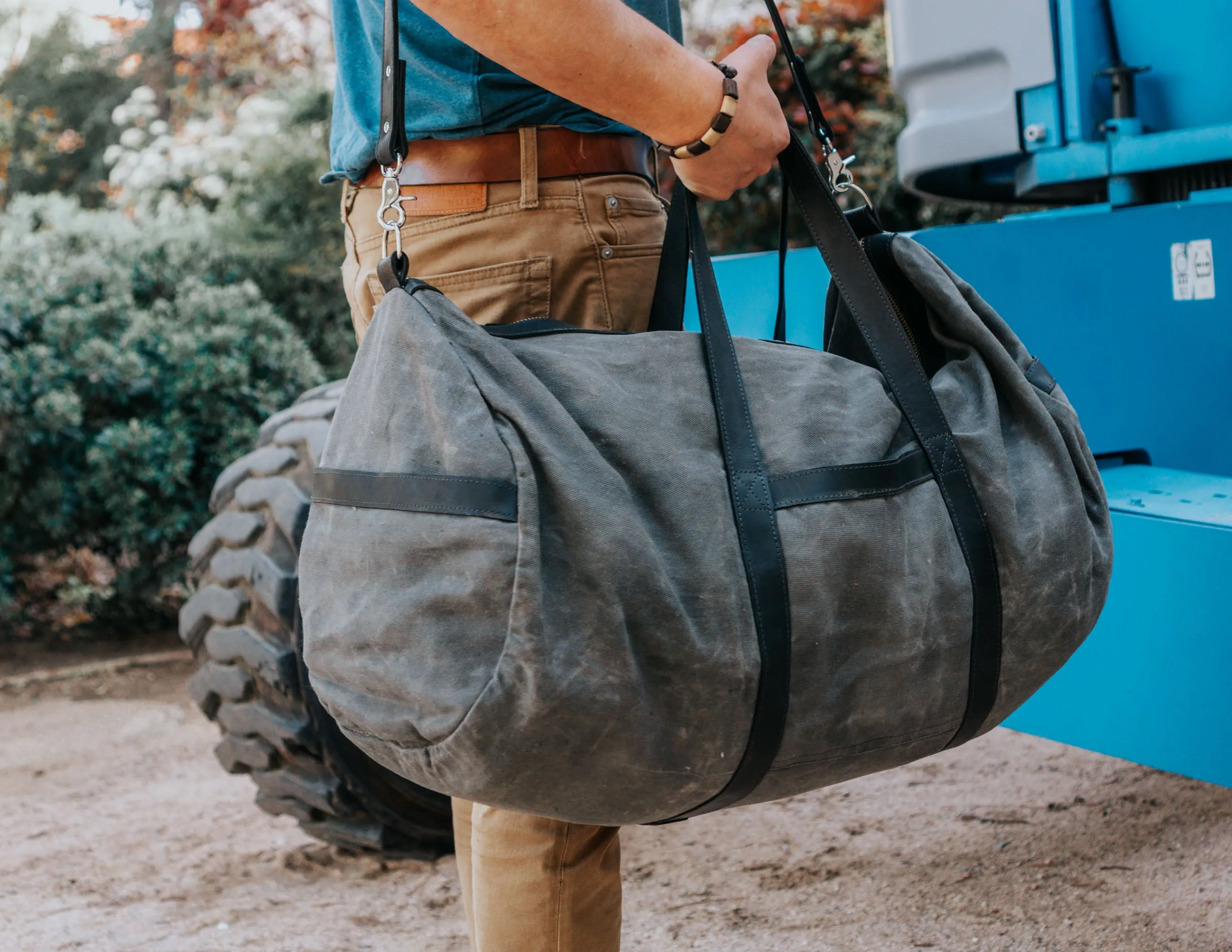 Waxed Canvas Duffel Bag with Leather Shoulder Strap