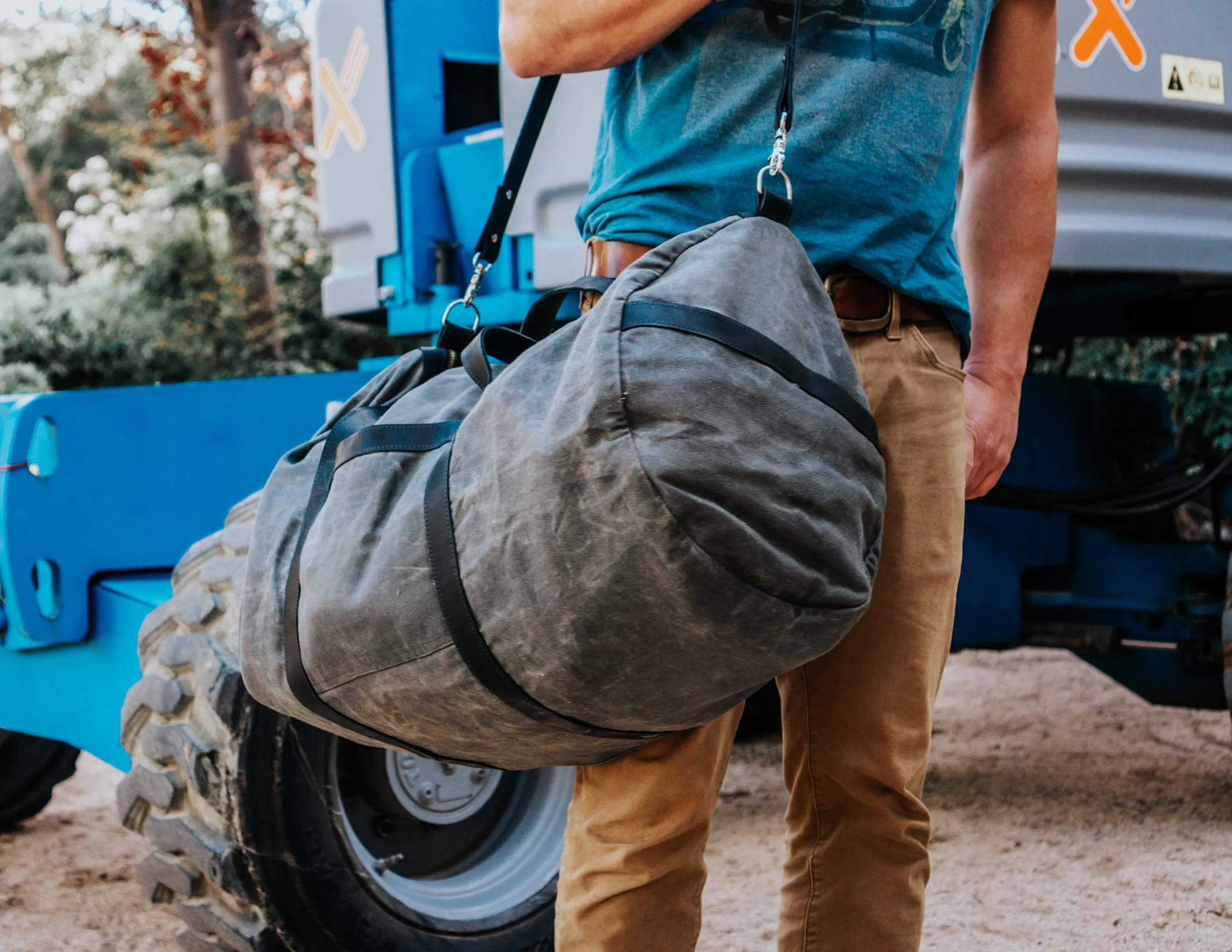 Waxed Canvas Duffel Bag with Leather Shoulder Strap