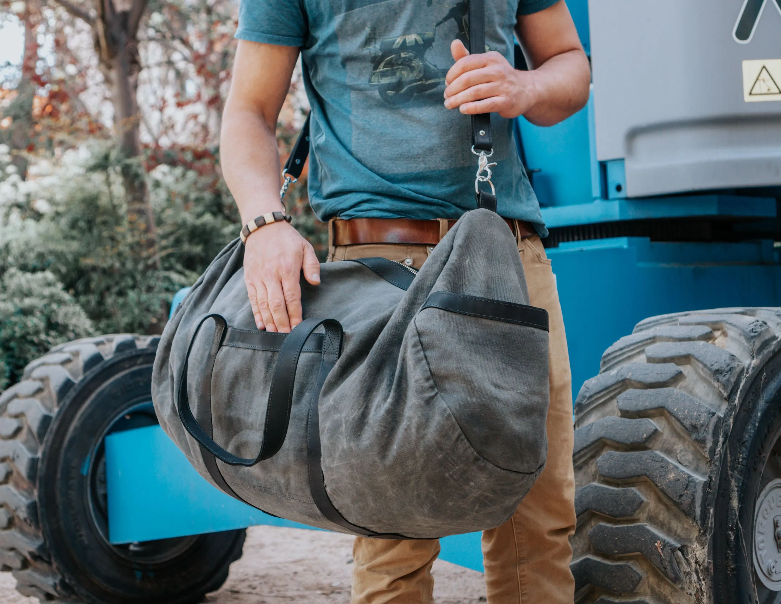 Waxed Canvas Duffel Bag with Leather Shoulder Strap